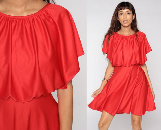 70s Red Grecian Mini Dress High Waist Flutter Sleeve Capelet Small
