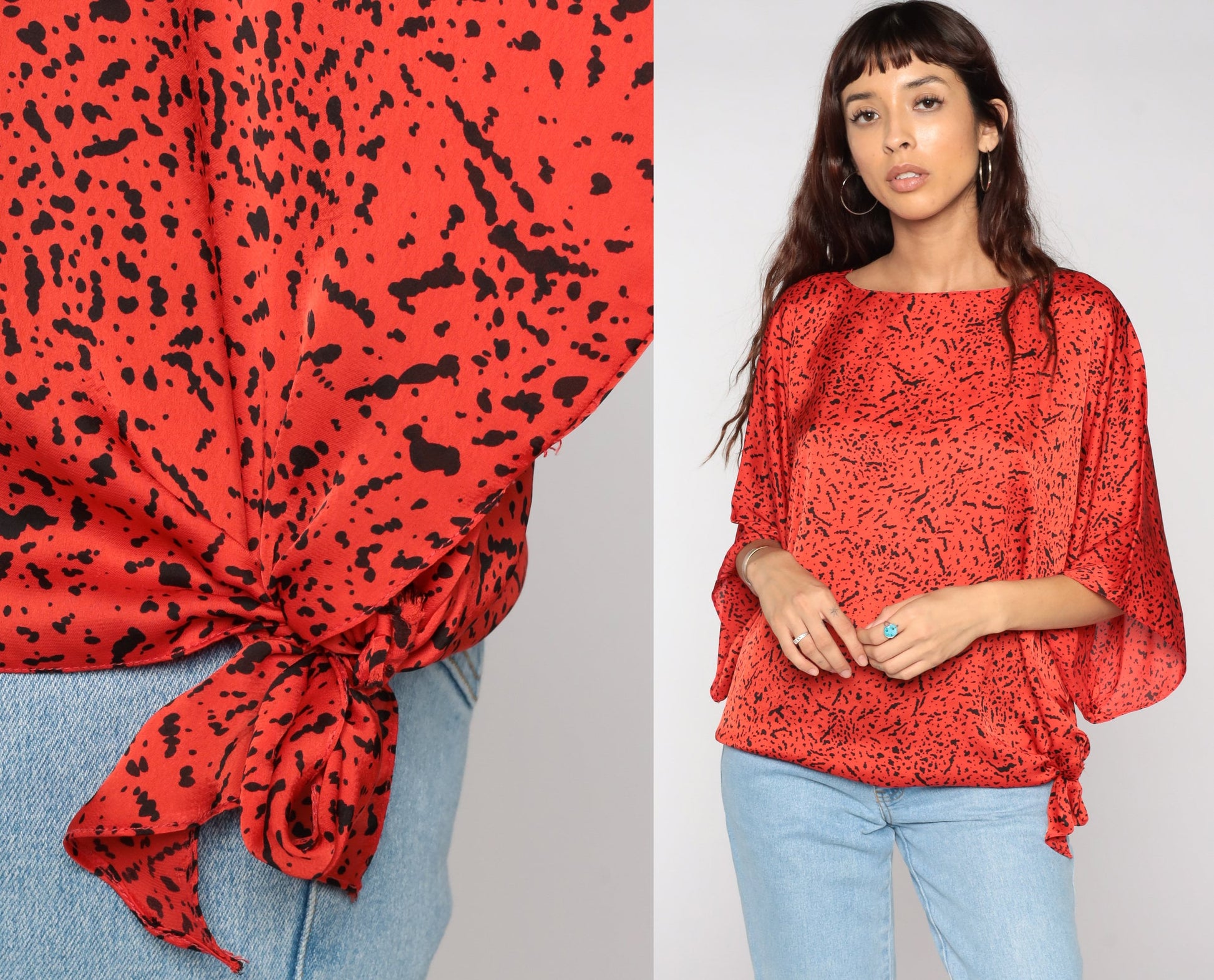80s Red Confetti Flecked Dolman Blouse Plus Size XXL