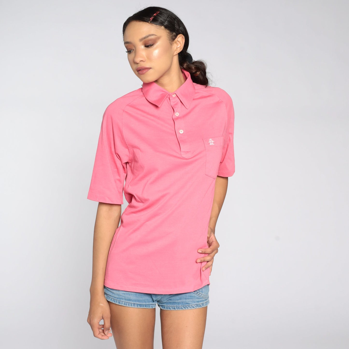 80s Munsingwear Polo Shirt Pink Half-Button Cotton Blend Small Medium