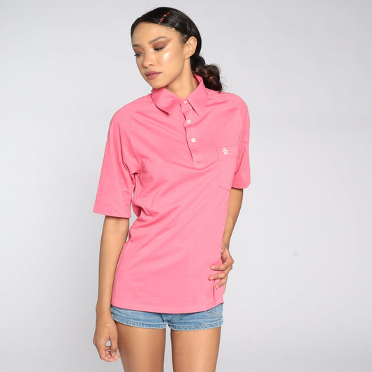 80s Munsingwear Polo Shirt Pink Half-Button Cotton Blend Small Medium