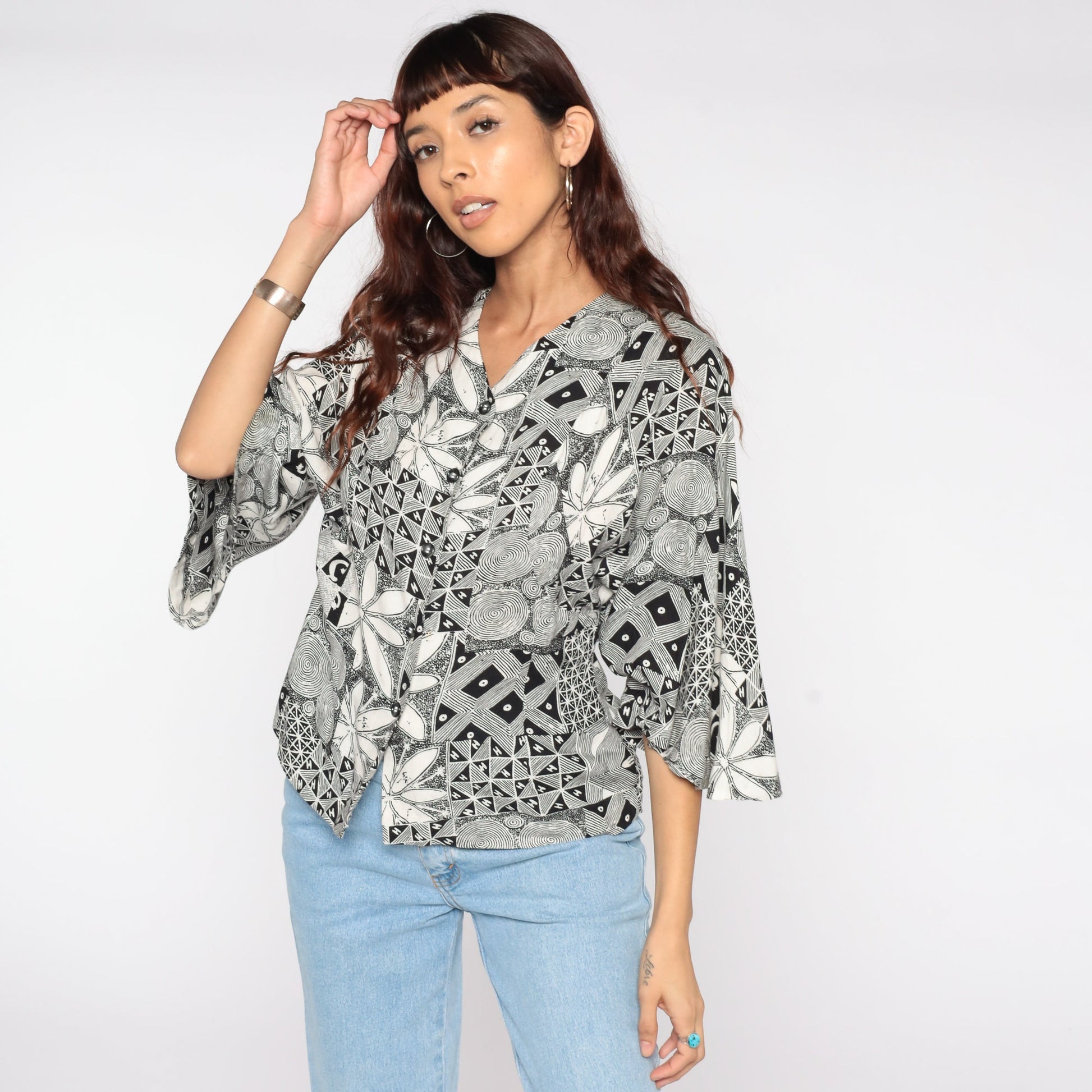 90s Black Floral Button Up Blouse Bell Sleeve Shirt Small Medium
