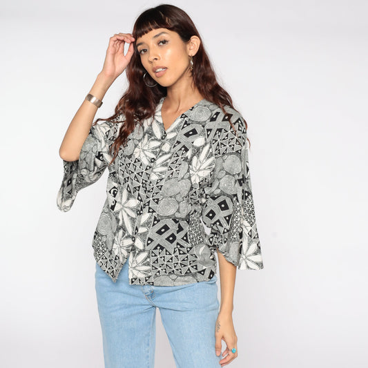 90s Black Floral Button Up Blouse Bell Sleeve Shirt Small Medium