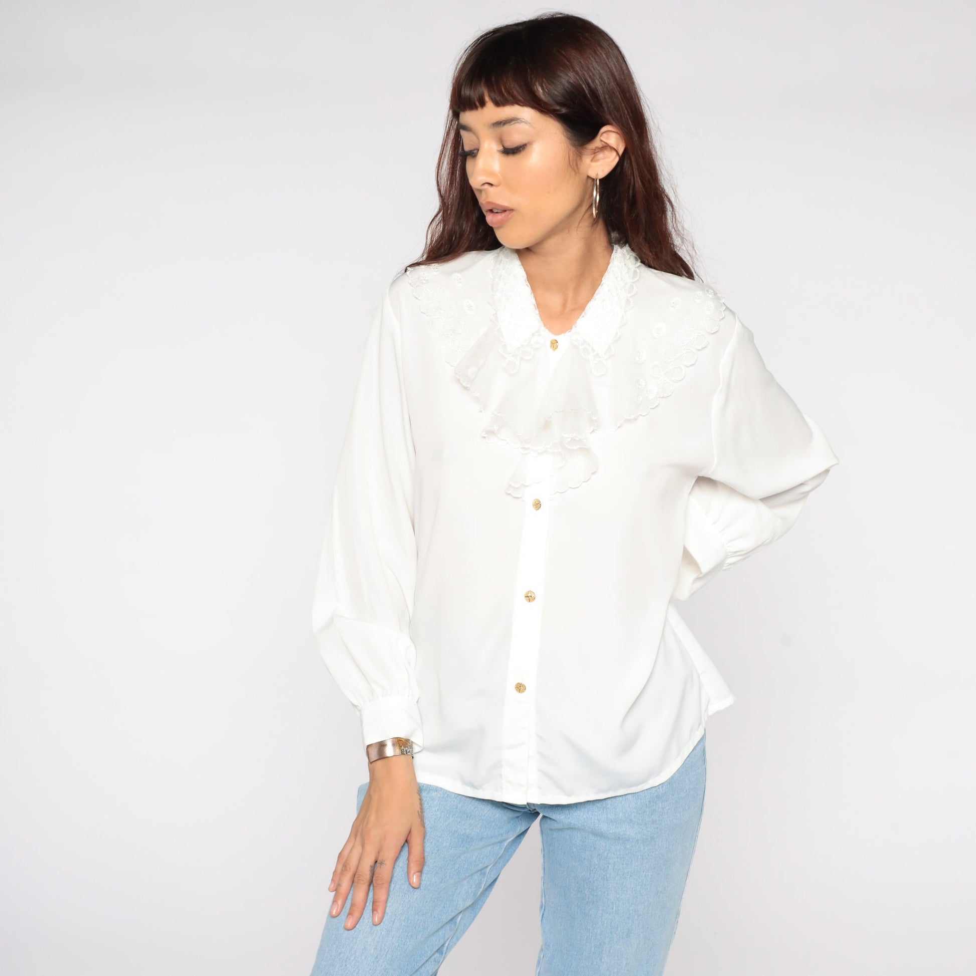 80s White Tuxedo Ruffle Blouse Long Sleeve Button Up Large
