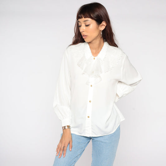 80s White Tuxedo Ruffle Blouse Long Sleeve Button Up Large