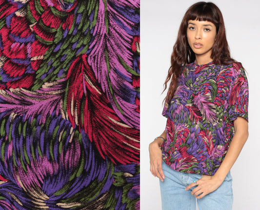 80s Feather Print Shirt Purple Graphic Blouse Medium