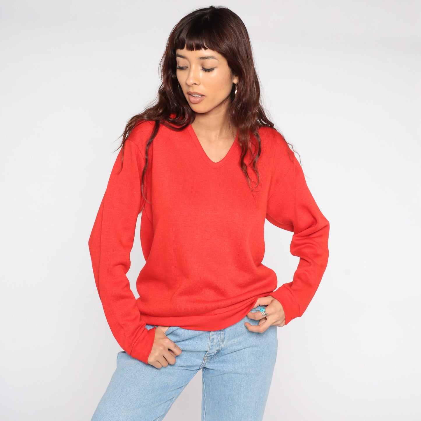 80s Red V-Neck Knit Sweater Slouchy Pullover Medium
