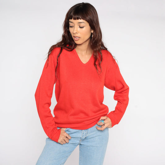 80s Red V-Neck Knit Sweater Slouchy Pullover Medium