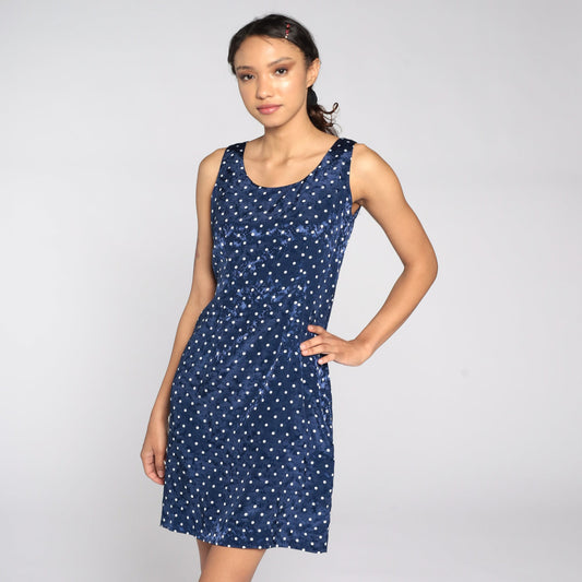 90s Polka Dot Mini Dress Sleeveless Sheath Navy White Embossed Small S