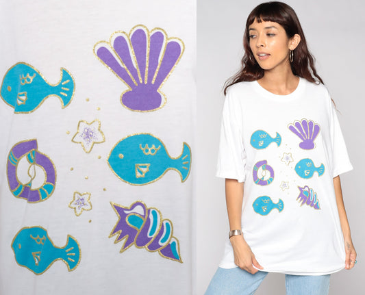 90s Fish Seashell Graphic T-Shirt Under The Sea Print Extra Large XL