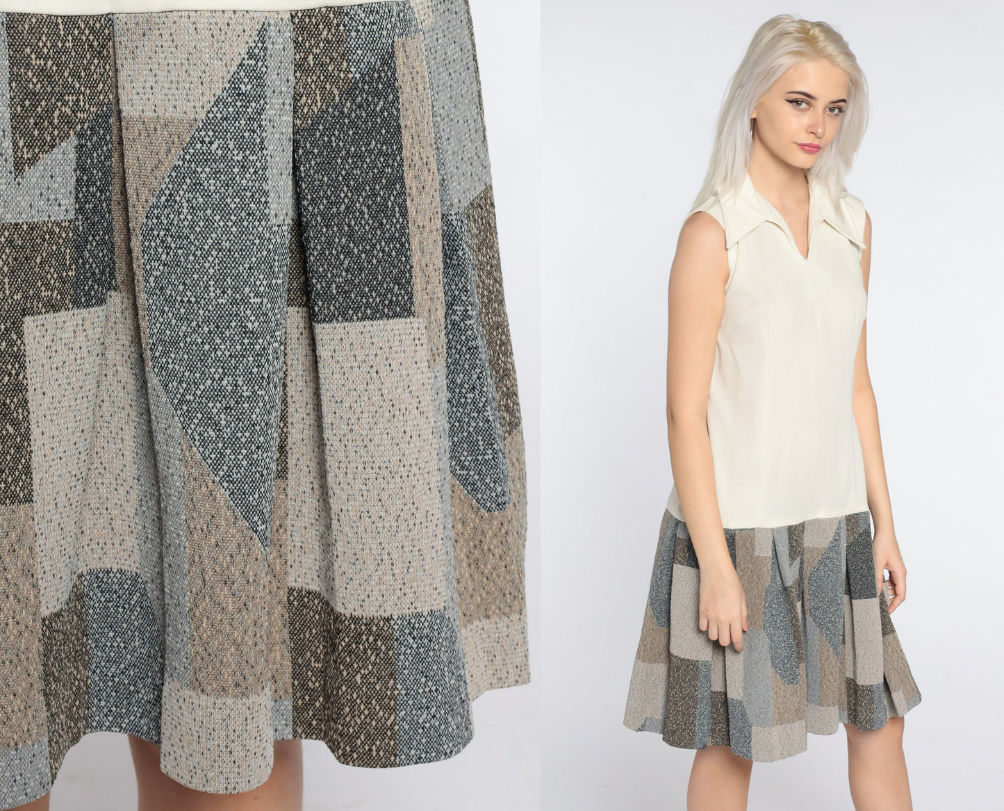 60s Mod Mini Dress Drop Waist Pleated Geometric Print Long Sleeve Large