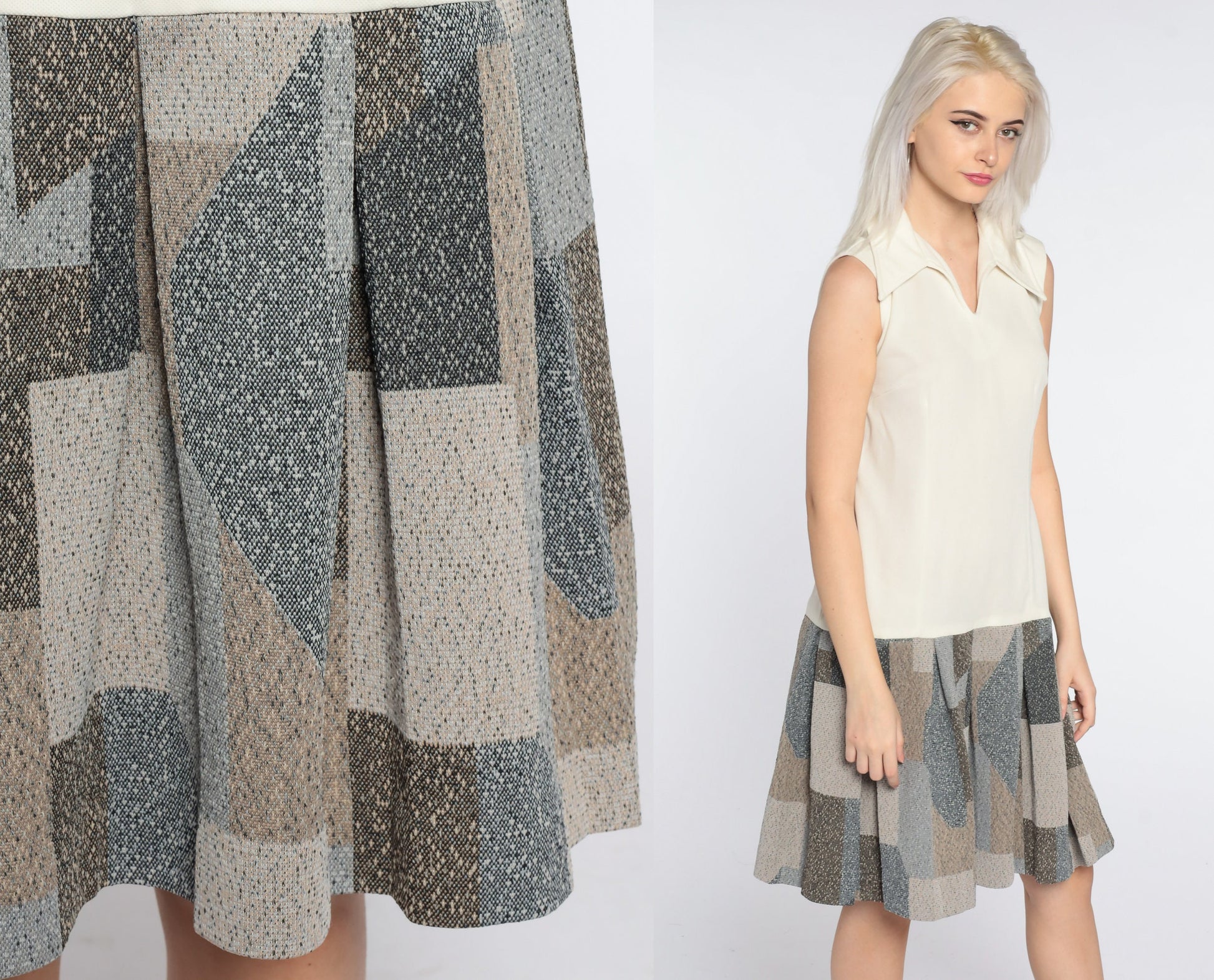 60s Mod Mini Dress Drop Waist Pleated Geometric Print Long Sleeve Large