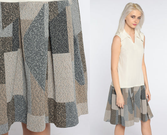 60s Mod Mini Dress Drop Waist Pleated Geometric Print Long Sleeve Large