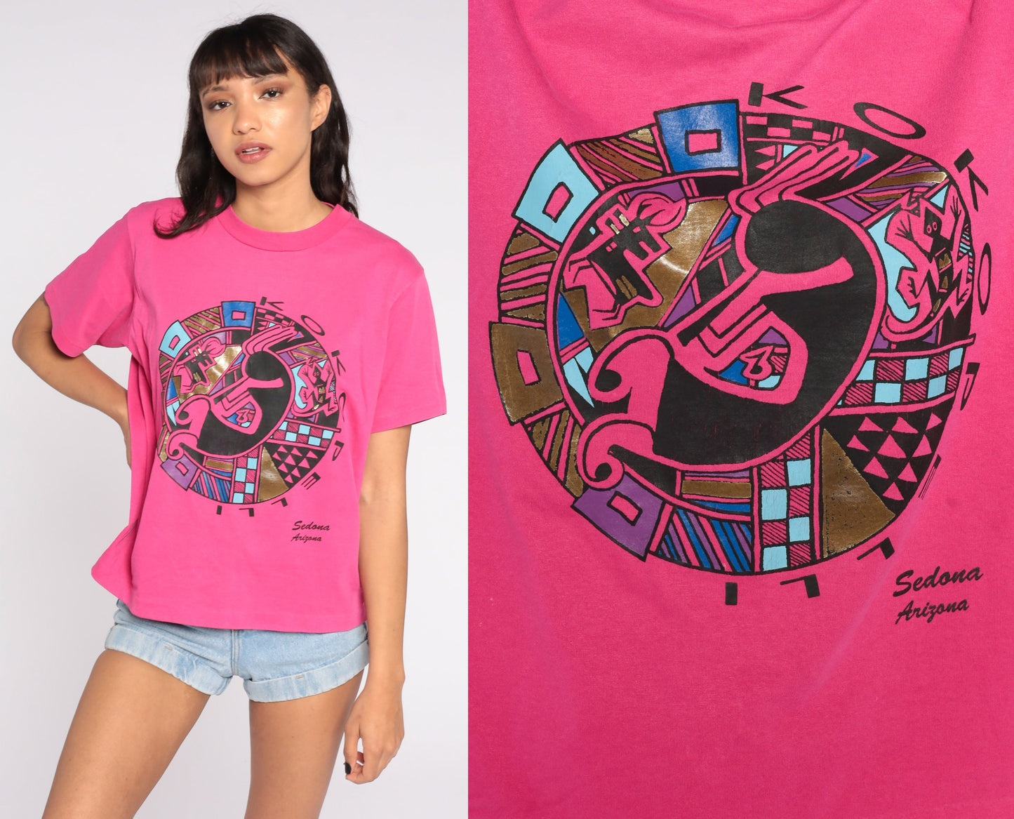90s Sedona Arizona Kokopelli Graphic T-Shirt Hot Pink Cotton Medium
