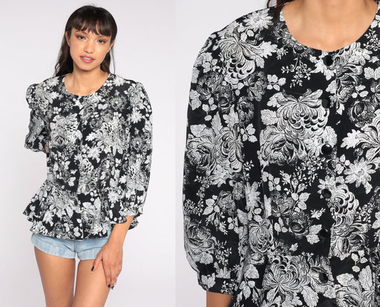 80s Floral Button Up Blouse Black White Peplum Puff Sleeve Medium Large