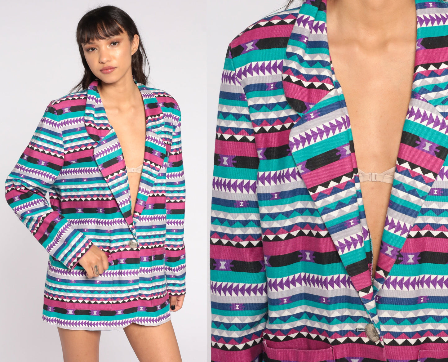80s Southwestern Aztec Jacket Pink Turquoise Cotton Blazer Extra Large XXL