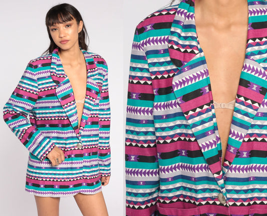 80s Southwestern Aztec Jacket Pink Turquoise Cotton Blazer Extra Large XXL