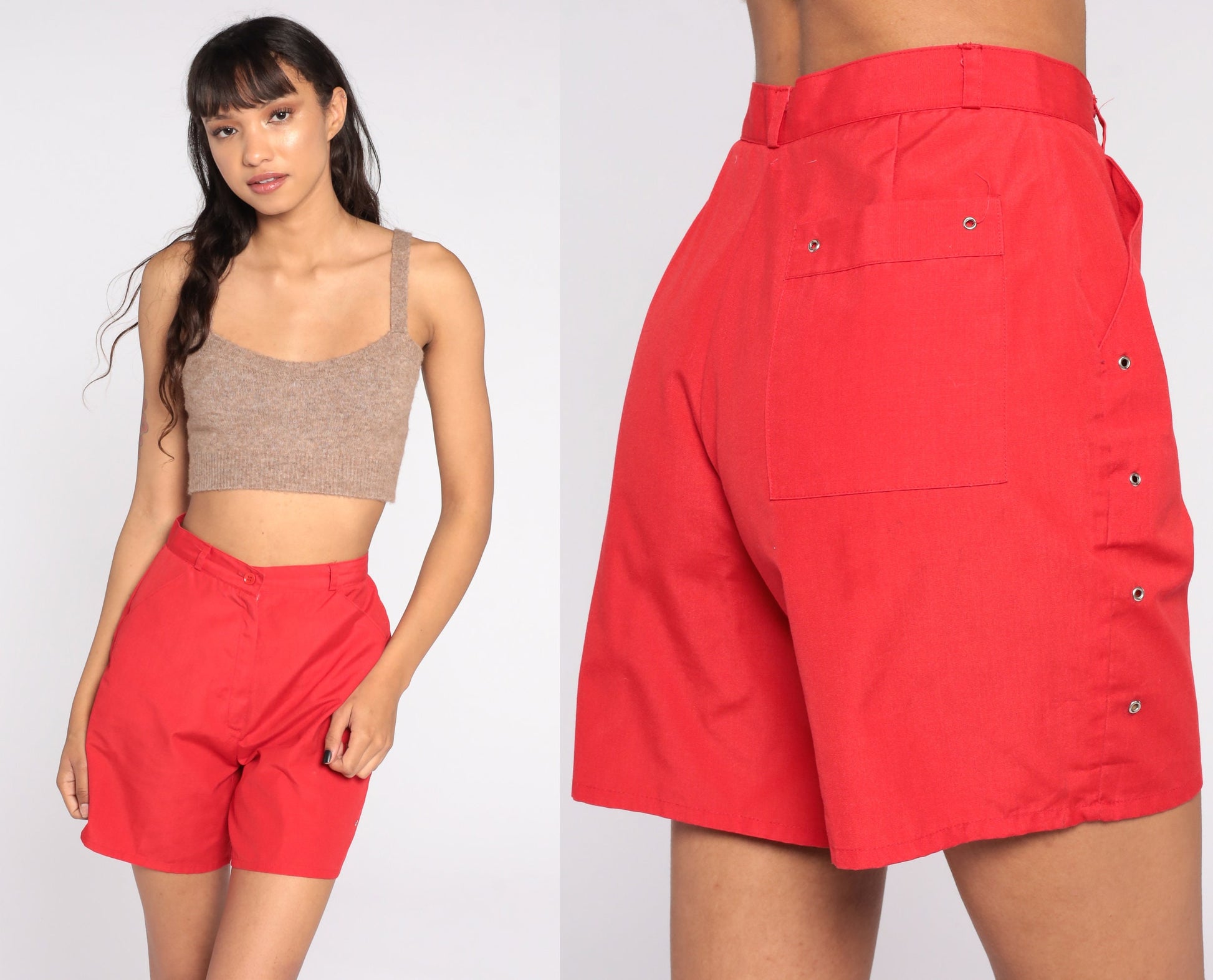 80s Red High-Waisted Shorts Cotton Blend Trouser Pockets Extra Small