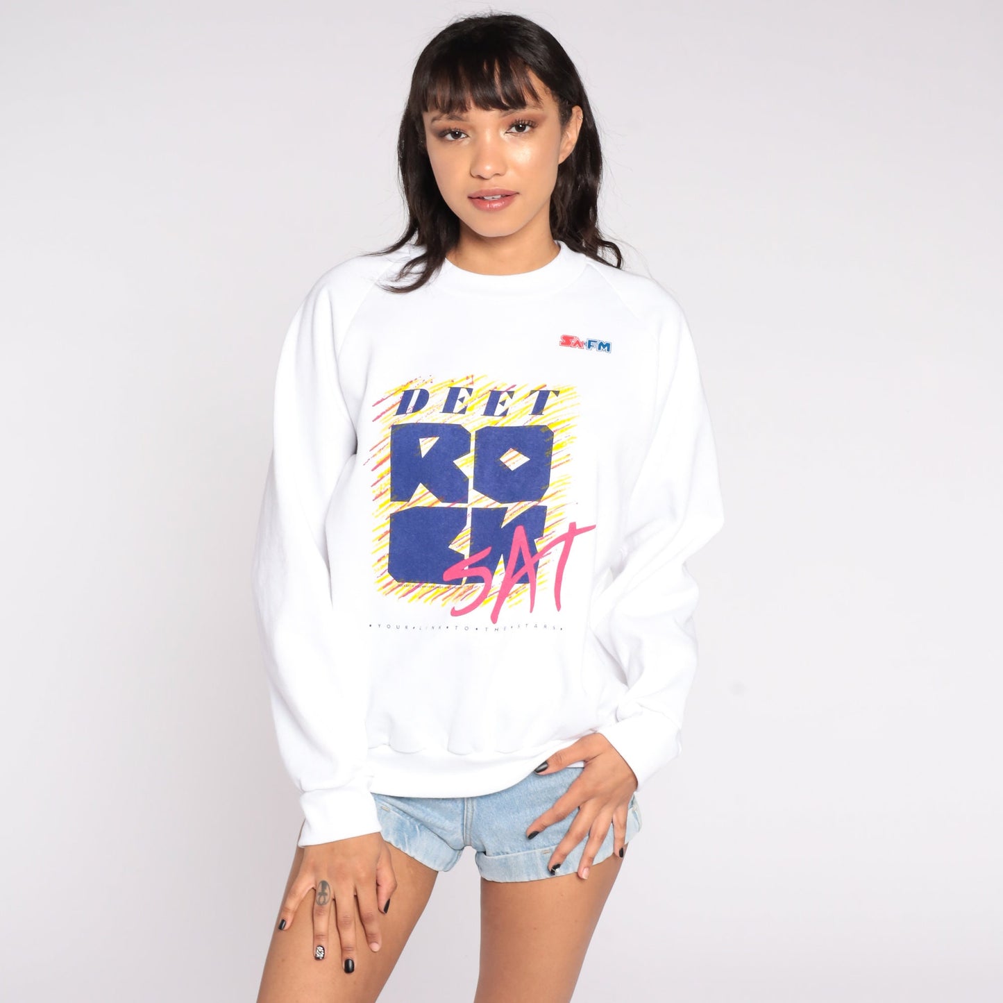 90s Deet Rocksat Australia Radio Graphic Sweatshirt White Crewneck Large