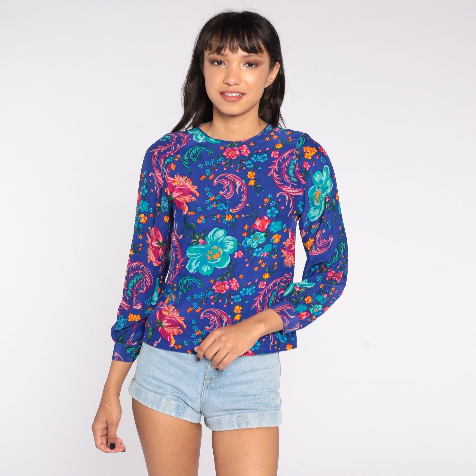 80s Silk Floral Blouse Puff Sleeve Button Back Blue Small