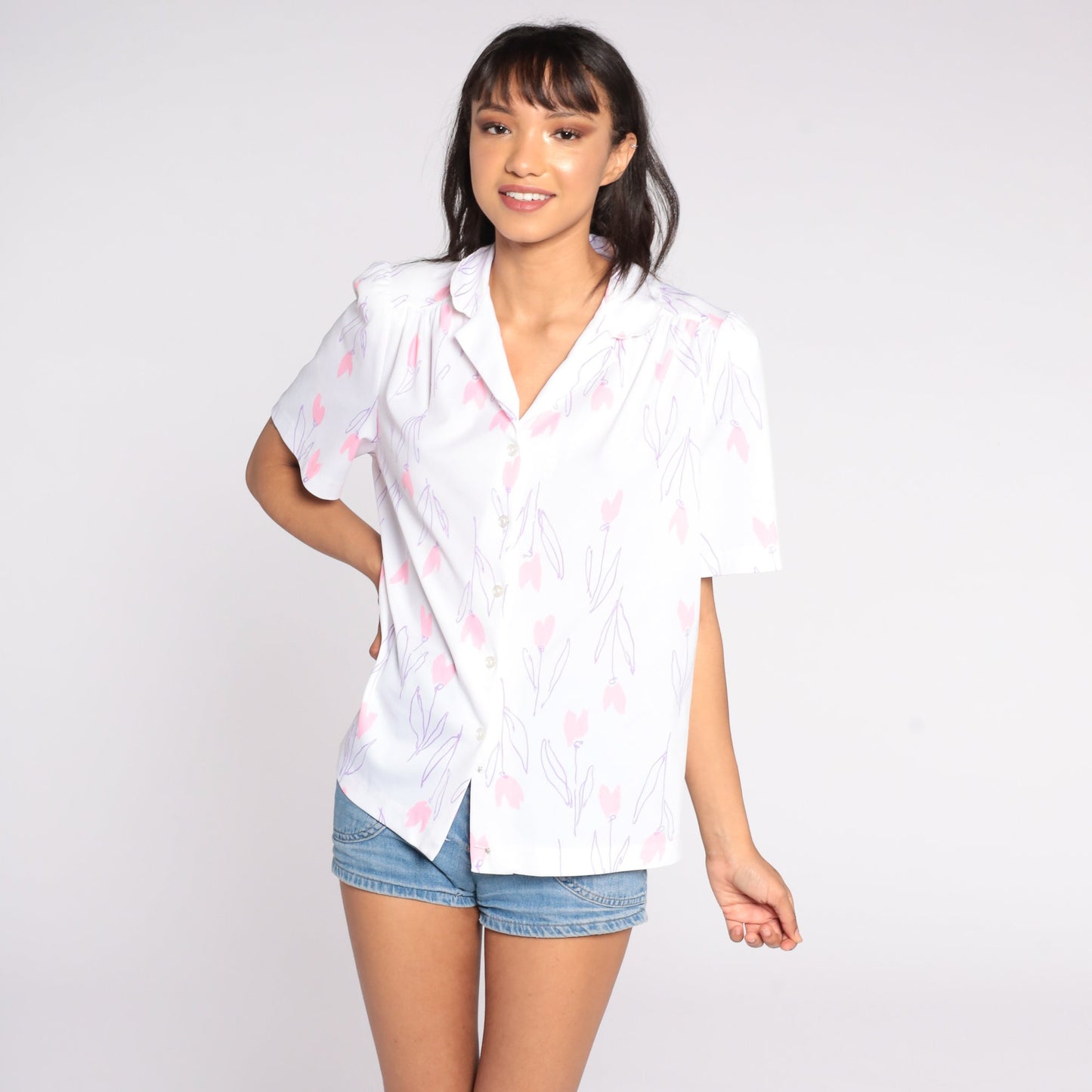 80s Floral Puff Sleeve Button-Up Blouse White Pink Extra Large