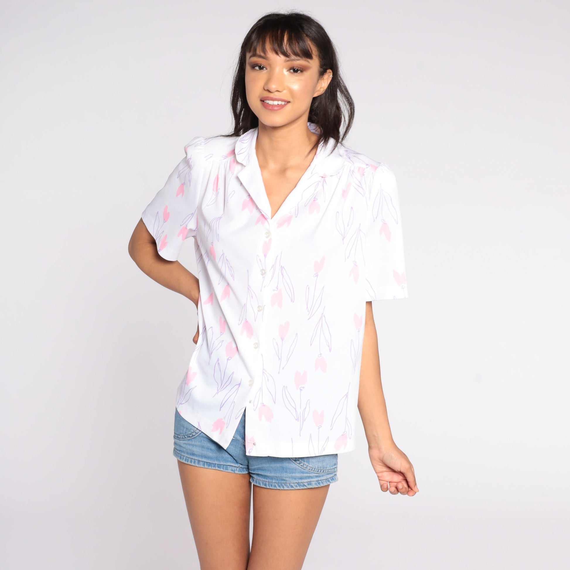 80s Floral Puff Sleeve Button-Up Blouse White Pink Extra Large