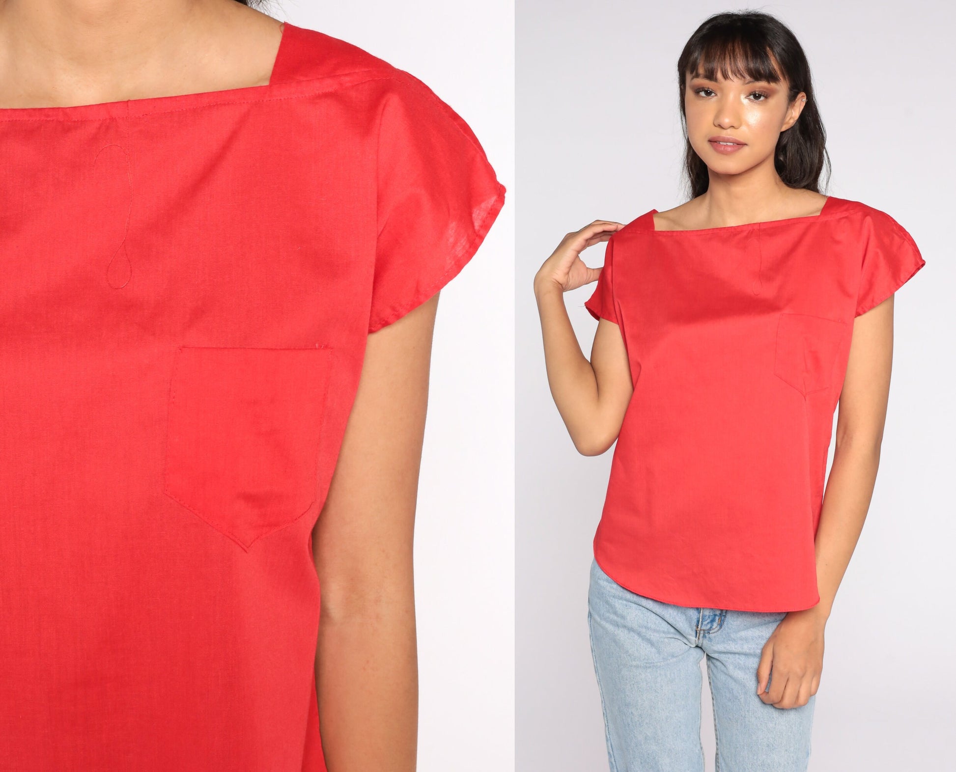 80s Red Cap Sleeve Blouse Cotton Blend Plain Shirt Large L