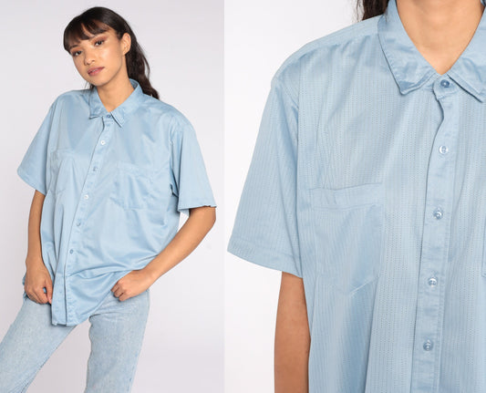 70s Haband Blue Button-Up Shirt Short Sleeve Collar Men's Large