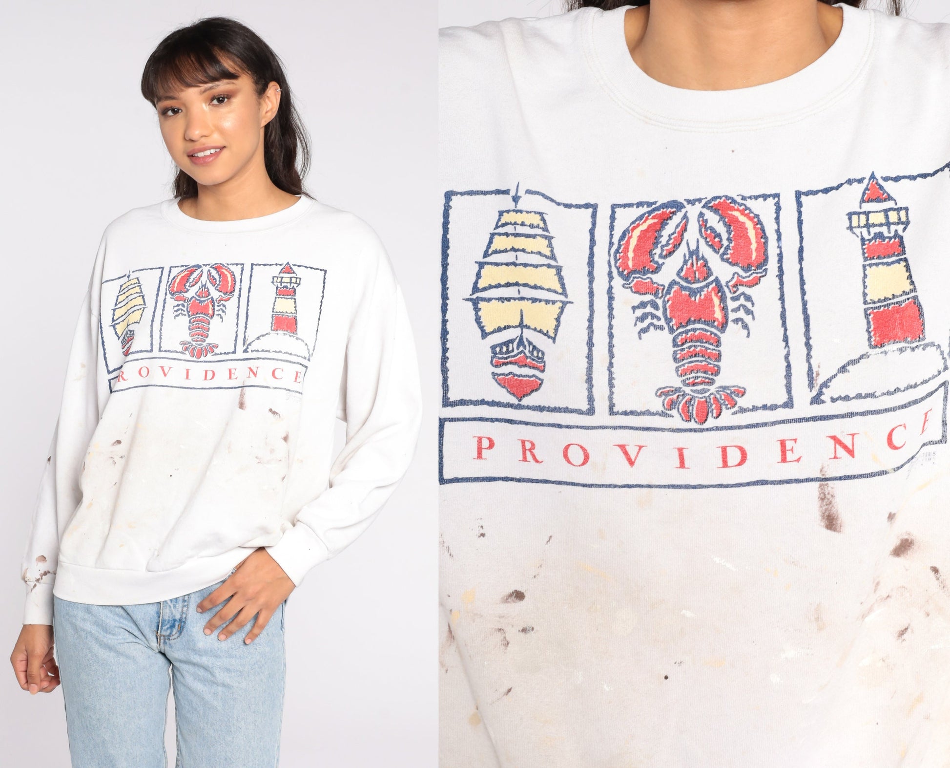 90s Providence Rhode Island Lobster Sweatshirt Paint Splatter Distressed Large