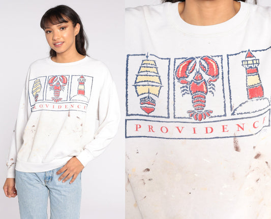 90s Providence Rhode Island Lobster Sweatshirt Paint Splatter Distressed Large