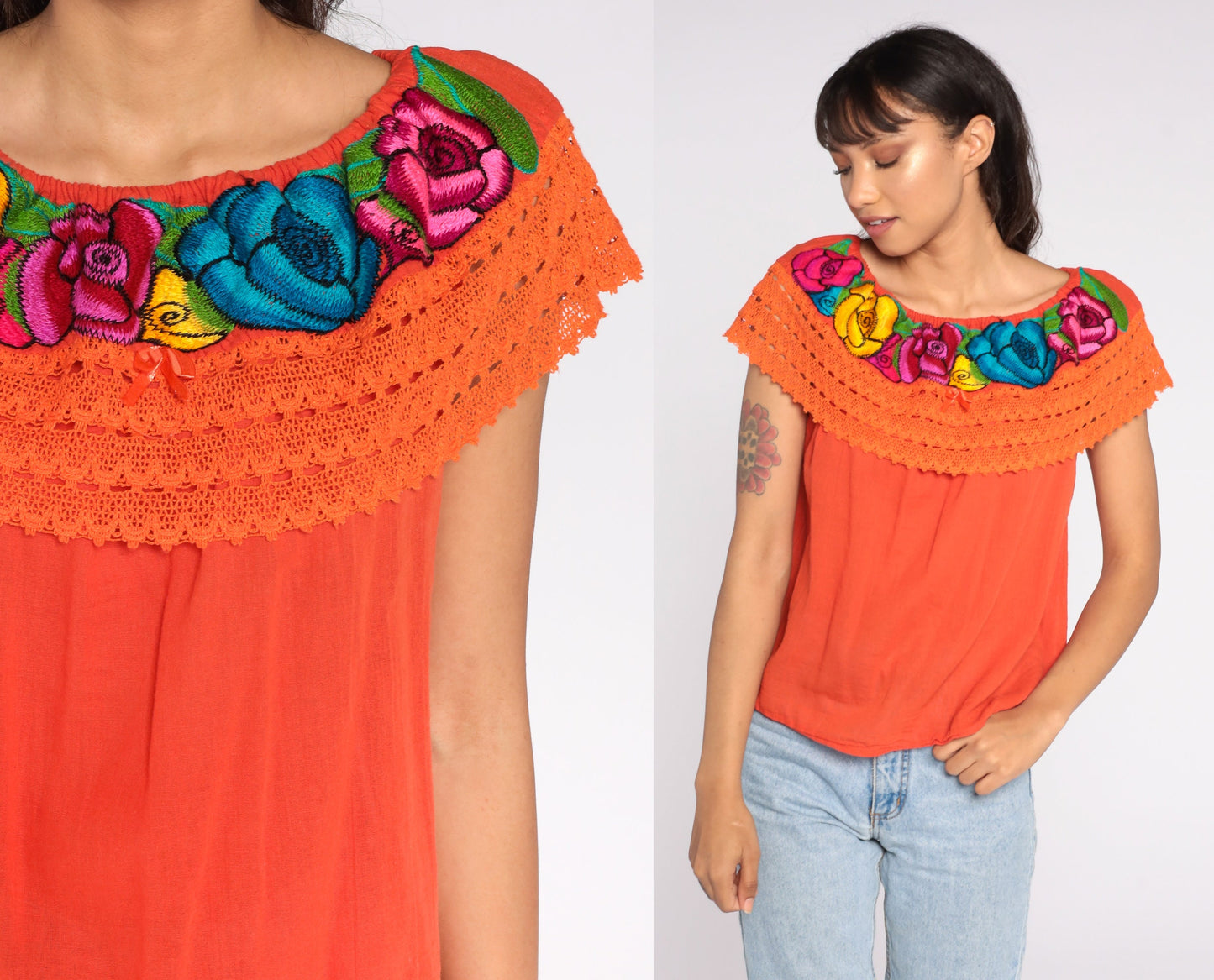90s Mexican Embroidered Cotton Tunic Blouse Orange Floral Off-Shoulder Small