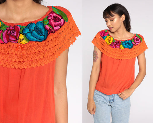 90s Mexican Embroidered Cotton Tunic Blouse Orange Floral Off-Shoulder Small