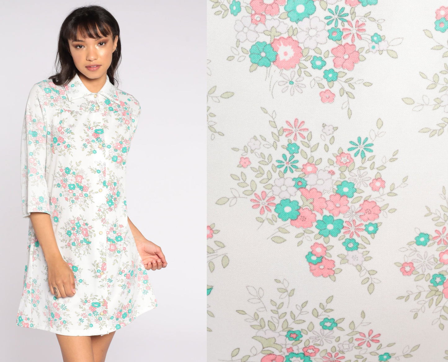 60s Floral Print Shift Dress White Button-Up Lounge Tunic Medium Large