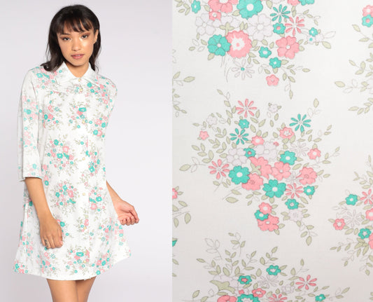 60s Floral Print Shift Dress White Button-Up Lounge Tunic Medium Large