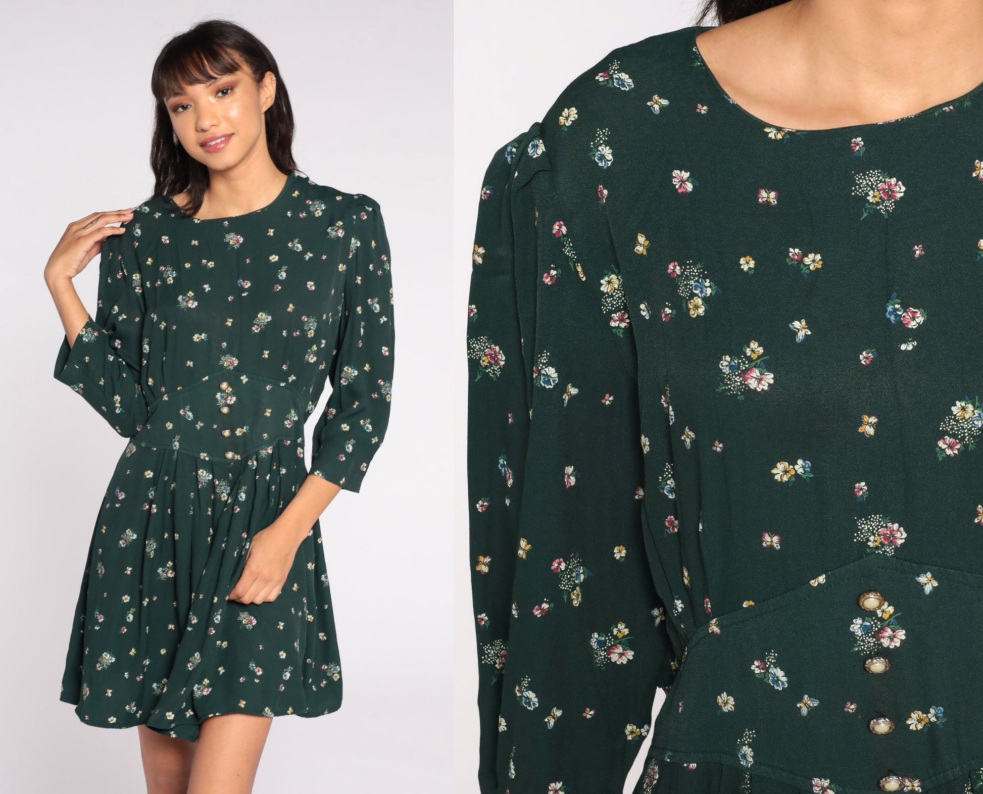 80s Green Floral Mini Dress Puff Sleeve High Waisted Medium