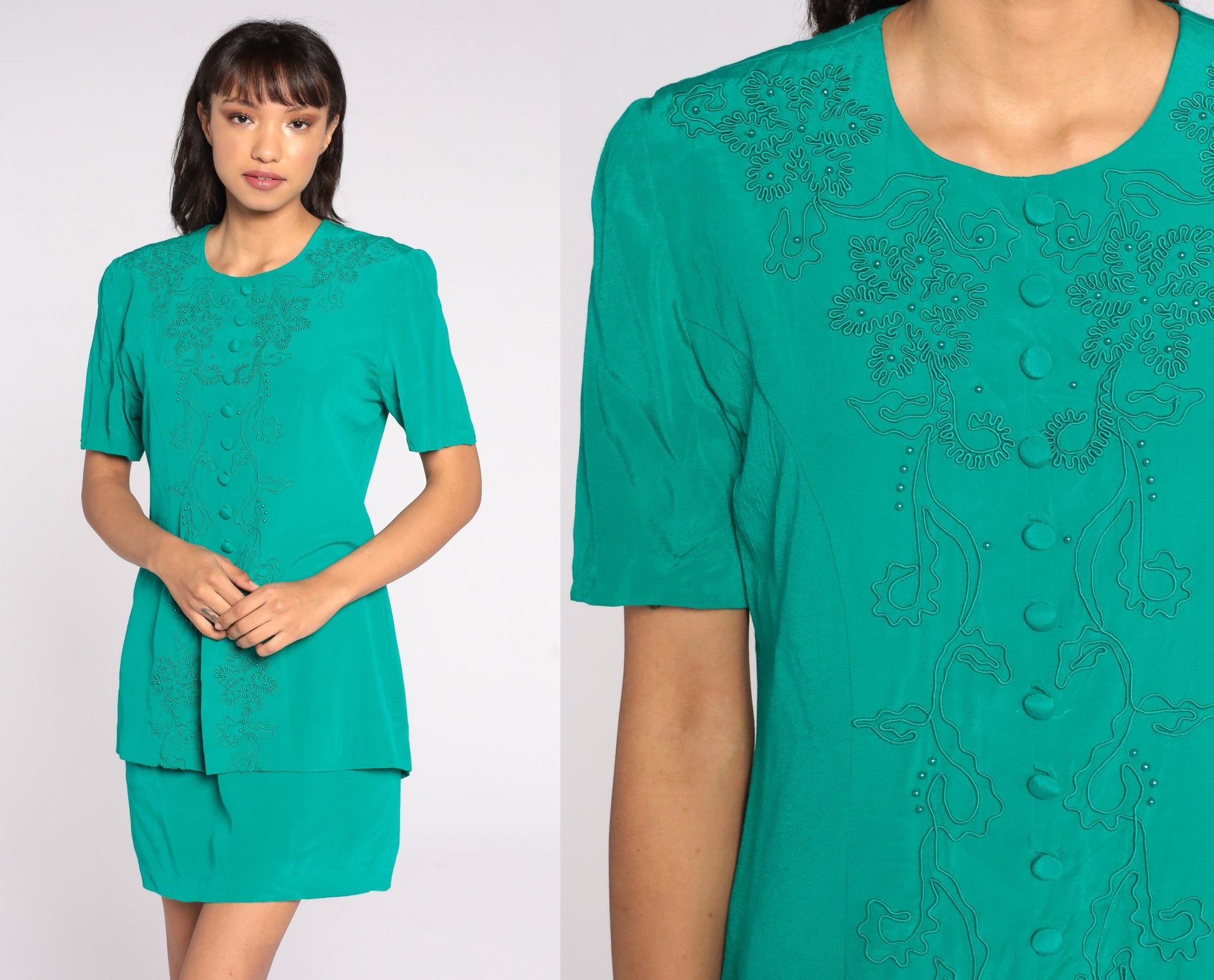 90s Green Beaded Soutache Mini Dress Button-Up Sheath Short Sleeve Medium