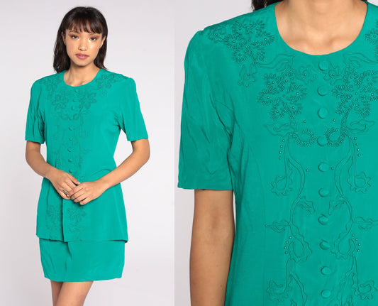 90s Green Beaded Soutache Mini Dress Button-Up Sheath Short Sleeve Medium