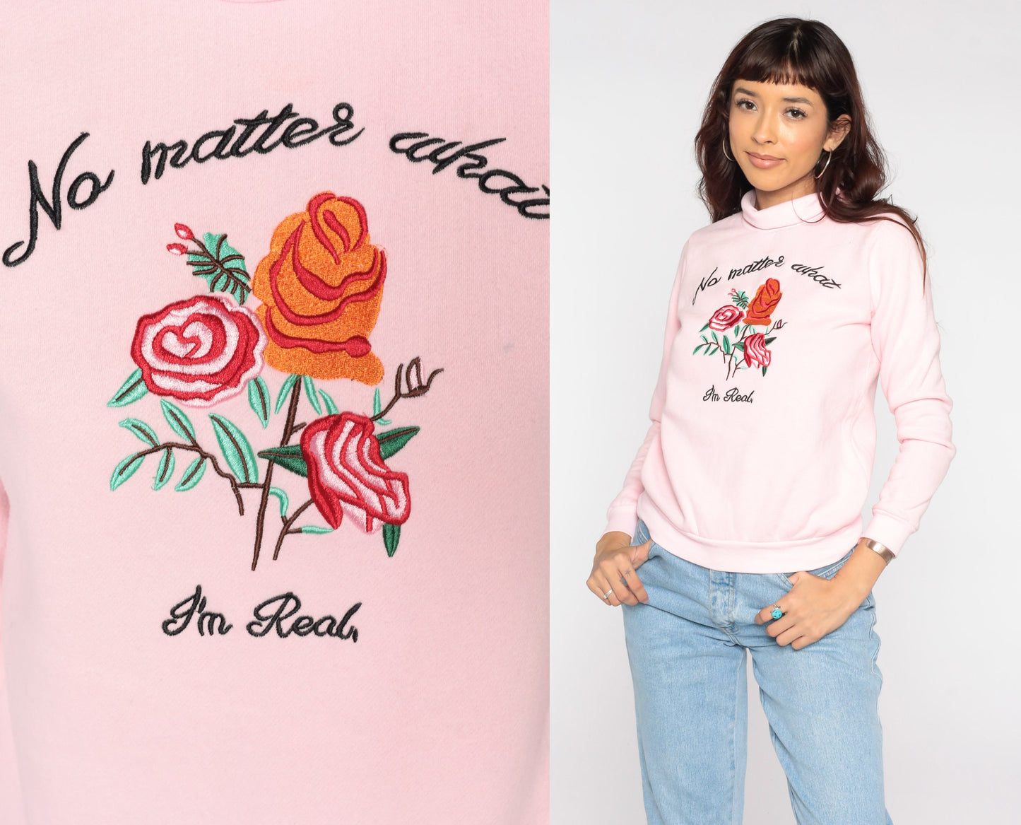 80s No Matter What I'm Real Sweatshirt Floral Embroidered Mock Neck Pink Extra Small