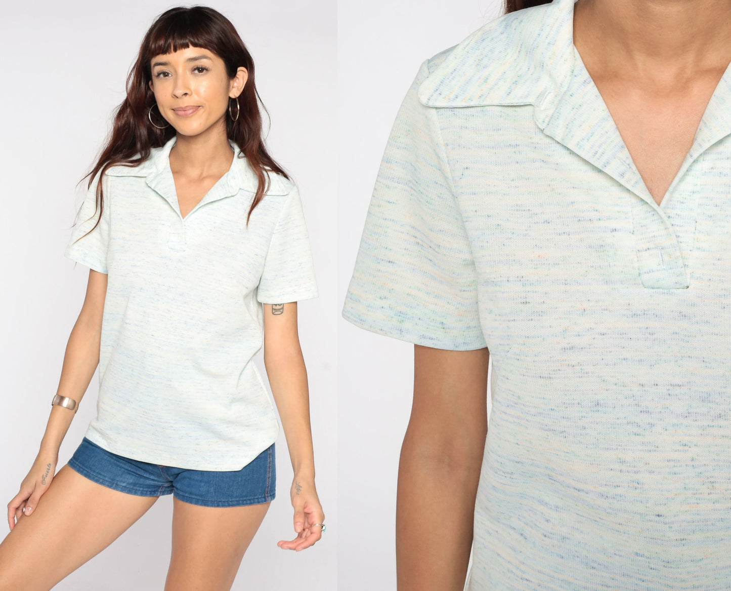 70s Space Dye Striped Polo Shirt Dagger Collar Button Up White Blue Medium