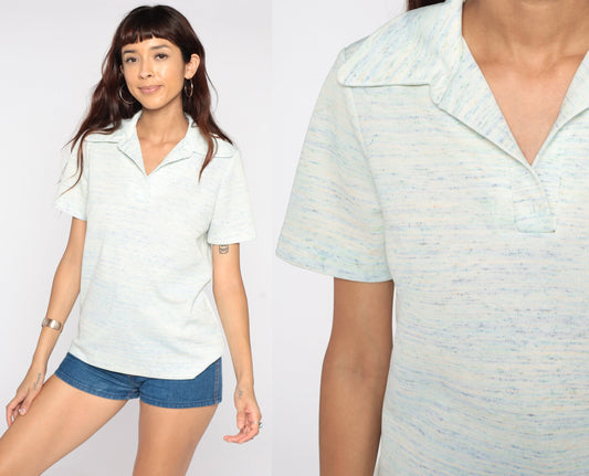 70s Space Dye Striped Polo Shirt Dagger Collar Button Up White Blue Medium