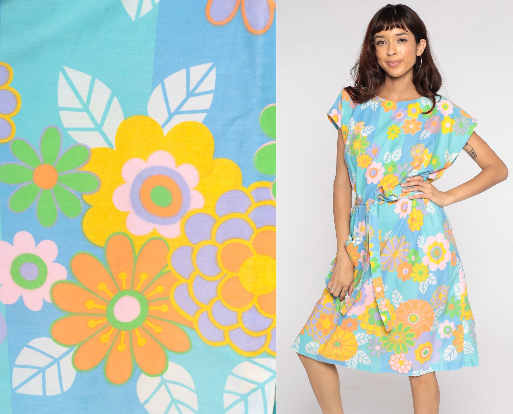 1960s Floral Wrap Dress Midi Blue Orange Flower Print Large L