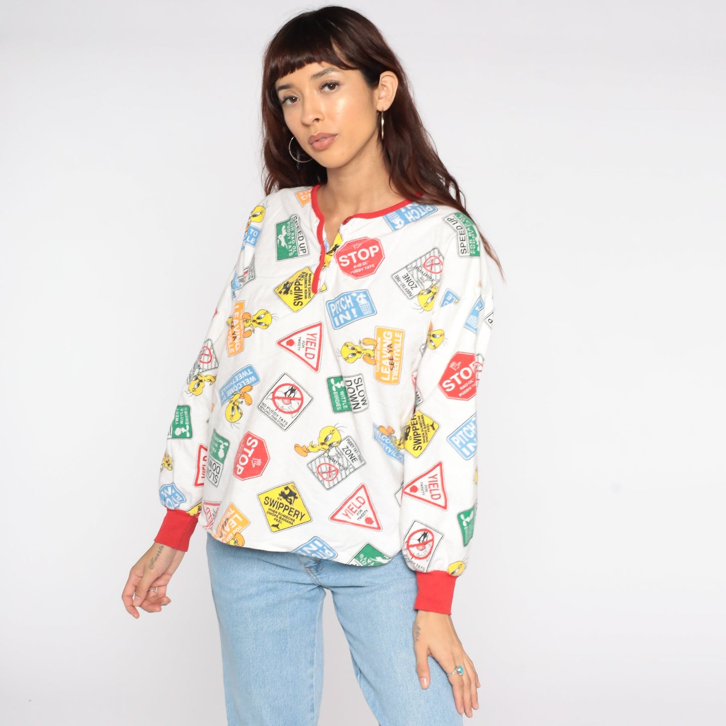 90s Looney Tunes Tweety Bird Pajama Shirt Cotton Long Sleeve Medium