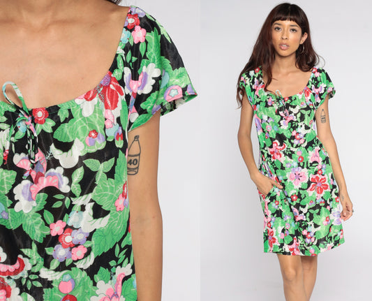 70s Floral Mini Dress Tent Cut Hippie Peasant Vintage Summer Medium Large