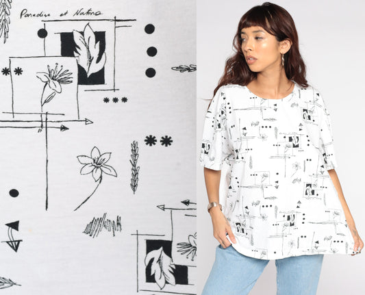 90s Floral Graphic T-Shirt White Black Flower Print Cotton Extra Large XXL