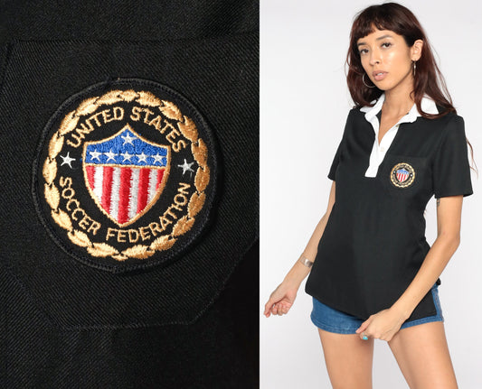 80s United States Soccer Federation Polo Shirt Black Small