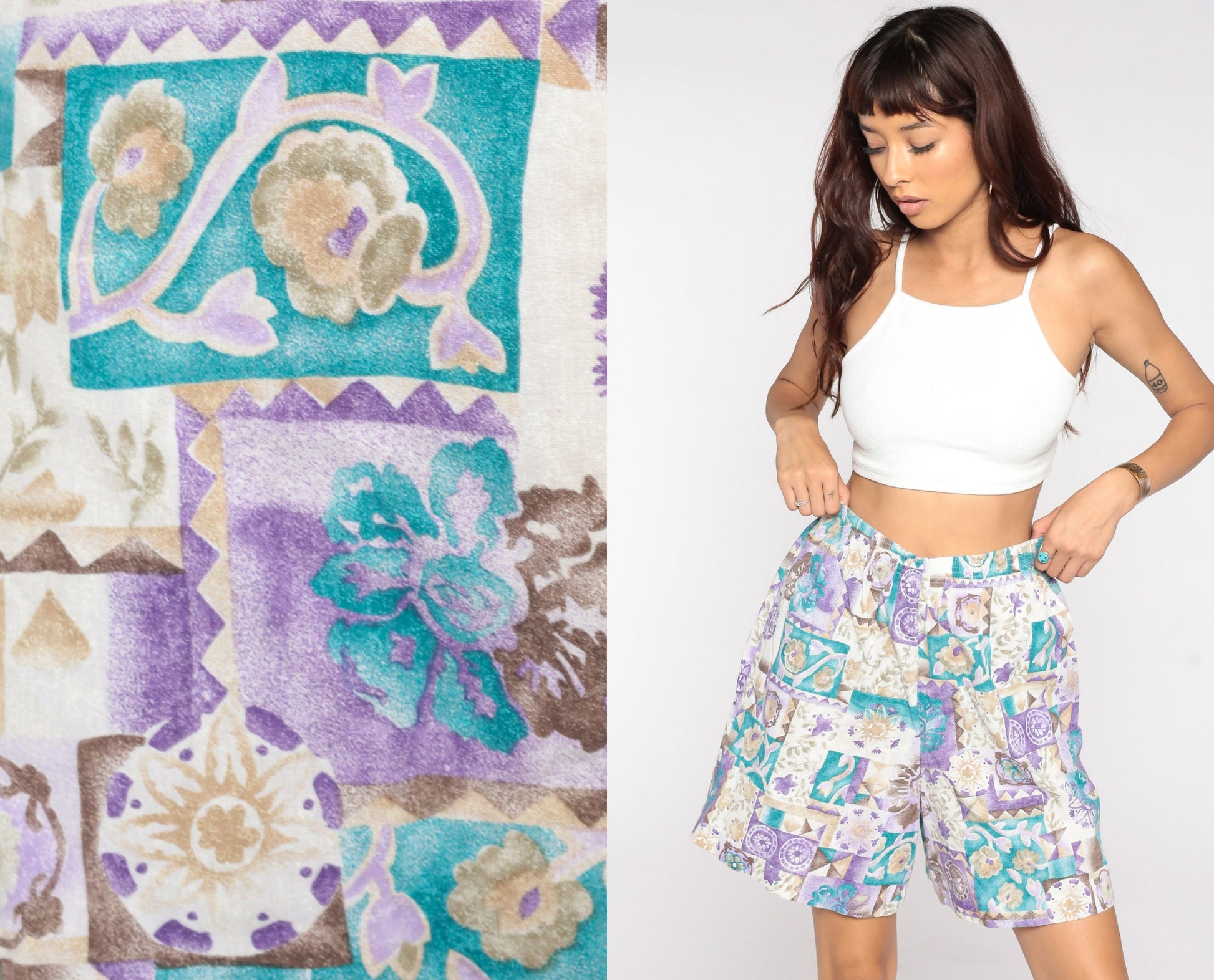 90s Floral High-Waisted Shorts Purple Turquoise Baggy Wide Leg Medium