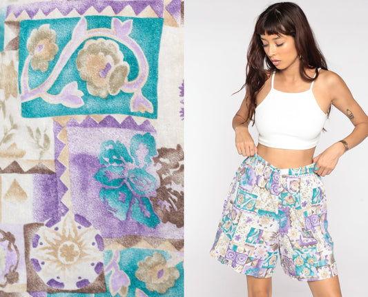 90s Floral High-Waisted Shorts Purple Turquoise Baggy Wide Leg Medium