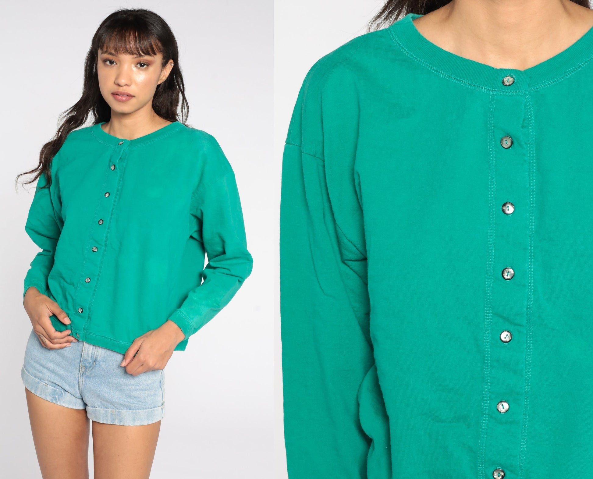 80s Green Button-Up Cardigan Sweatshirt Cotton Blend Large