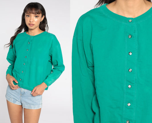 80s Green Button-Up Cardigan Sweatshirt Cotton Blend Large