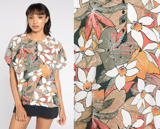 80s Tropical Floral Button-Up Blouse Short Sleeve Shirt Extra Large XL