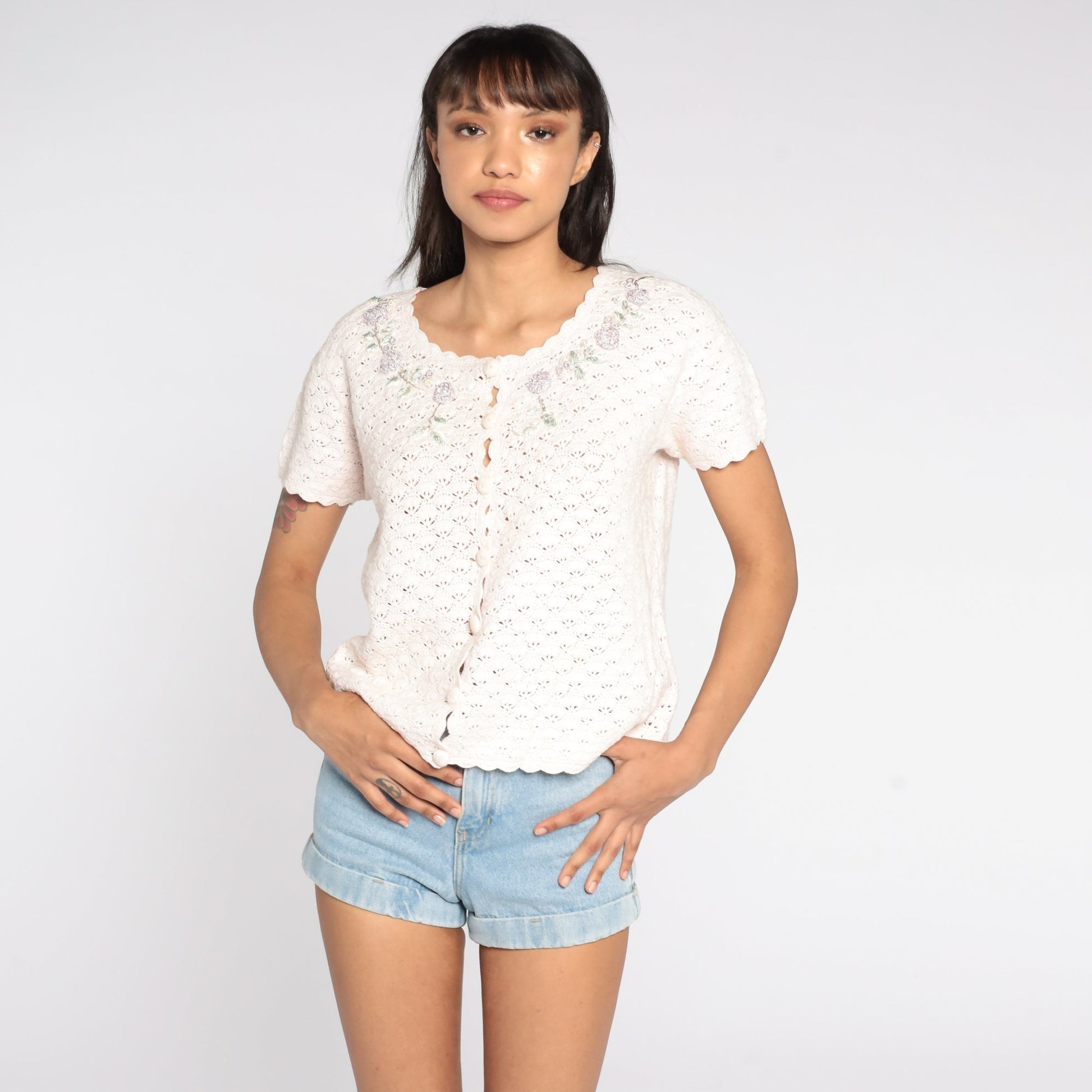 90s White Crochet Blouse Floral Embroidery Button-Up Short Sleeve Medium Large